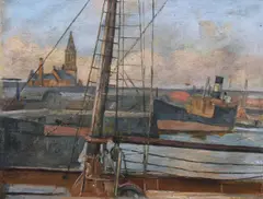 Thomas Bond Walker, Belfast Docks, Oil on Canvas Another Dock Scene on reverse