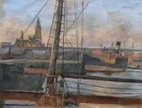 Thomas Bond Walker, Belfast Docks, Oil on Canvas Another Dock Scene on reverse