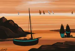 Jp Rooney, Sailing Boats at Sunset, Oil on Board