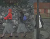 Patrick Leonard, Schoolgirls in the Rain, Oil on Board