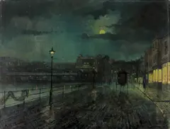 John Atkinson Grimshaw, Moonlit Carriage by the River, Oil on Canvas. Probably Scarborough, showing the Grand Hotel at South Bay, with harbour to left. Atkinson Grimshaw was born in the North of England on 6 September 1836 at 9 Back Park Street, Leeds. Young Atkinson wanted to draw and to paint but his parents considered this time-wasting, foolish an... Click here to read more Atkinson Grimshaw was born in the North of England on 6 September 1836 at 9 Back Park Street, Leeds. Young Atkinson wanted to draw and to paint but his parents considered this time-wasting, foolish and unproductive. So, in 1852 Grimshaw was compelled to join the Northern Railway as a clerk, but he managed to practice the art of painting in his spare time. By the mid-1850s, the most progressive art in England was the Pre-Raphaelite style, with its emphasis on truth to nature, and Grimshaw’s early works painted birds’ nests, moss-covered stones and picturesque landscapes. Then in 1858, Grimshaw married his cousin Fanny, which enabled him to leave the family home, abandon his railway job and embark on a career as an artist. Grimshaw rapidly developed his own style and technique during the 1860s. By 1870 he was able to convey a more atmospheric view of the world, where mood, poetry and even mystery took hold. He became the ‘painter of moonlight’, building up a band of wealthy northern collectors and finding the financial success he needed to support his growing family. He is also known to have depended on photographs, and he collected picture postcards of Lake District landscapes on which he based many works. Grimshaw achieved his own consistent views that stayed with him throughout his career, such as the moonlit suburban lane with a mysterious half-hidden house and the lone figure of a woman walking along the road. Increasingly, Grimshaw’s moonlit landscapes and cityscapes bathed his subjects in an evocative glow, with the drabness of urban scenes transformed by night-time light effects. The first dockside scenes were also produced at this time, with rainy streets, brightly lit shop windows and people passing by. Grimshaw painted these from different angles, repeating the subjects over almost twenty years to keep his wife and children supported. He collected antique furniture and blue and white China to adorn their home, Knostrop Hall, and apparently fell into debt after he took on a second rented home in the mid-1870s, the Castle by the Sea in Scarborough. In his later working life, Grimshaw’s moonlight illuminates the contemporary urban scene, which had changed so much in the previous half century. The docks of Glasgow and Liverpool, and the fishing ports of Whitby, Hull, and Scarborough, presented many possibilities for light effects on water. The realities of modern urban life appealed to him, but there was a general unease in society about social change. It was perhaps a sense of regret for the past that inspired Grimshaw to imbue his paintings with a sense of nostalgia. Indeed, following the artistic success of the 1870s, Grimshaw’s career at times floundered. He tried to make a mark on the London art scene, renting a studio in Chelsea and taking with him his model Agnes Leefe, who was part of the household, and perhaps his lover. Grimshaw’s family history was to become profoundly sad. In the first five years of marriage, he and his wife had four babies who were stillborn or died shortly after birth, and one daughter, Clara, who lived to be twelve. Altogether, they had 16 children, only six of whom – Arthur, Enid, Louis, Wilfred and twins Lancelot and Elaine – survived into adult life. Here, already, we can connect a feeling with the artist who created and dated the unique painting we are now looking at; signed here ‘Atkinson Grimshaw 1892’ and created so very close to the end of his life. This work does not have an attached title, but it is not impossible to find a sense of place. Grimshaw painted many different subjects, often repeating them with the need to make money from sales. For me, examining this work, I find myself in places that look familiar to me from his other works. For instance, Grimshaw painted much of Liverpool Docks from Wapping, and this is what comes to my mind. The artist, from an early stage, preferred to create a winter evening, with lights on the right to the well-lit shops, water to the left, and the travelling horse traps in-between. The evening light is here in our painting, but the gloom is made greater than the light. There is a slight emptiness of the colours, and the lines are thinly drawn; the moon is there but half-hidden. Lighting from the few shops, the tall windows, creates Grimshaw’s much loved beam of colour. The figure of a man walks into the glow, far behind him there is a woman on her own, gazing through the shop window. Light reflects the feet of the horse-riding traveller, whilst the tall light standing beside the water gleams with a whiteness to match the moon. There is a sense of the delicate thinness of dark colours on Grimshaw’s painting, a time that was very near to the end of his life. At the same time, Grimshaw produced other works that displayed those pale effects of night-time light, with titles such as October Gold, 1893, Sand, Sea, Sky: A Summer Fantasy, 1892, and Snow and Mist: Caprice in Yellow Mirror, c. 1892. The canvases he worked on in his last days were smaller scale, with a lessening of artistic output but with his skills still there. The works were simplified with a lighter tonality and new, pale colour harmonies, especially with his scenes of snow and mist. When painting, Grimshaw was perhaps always thinking of the importance of nature alone. The late Alexander Robertson, a well-known author of Atkinson Grimshaw, wrote clearly about Grimshaw’s achievements: “The appeal of Grimshaw’s paintings lies in their apparent luminosity attained by seamless means… his surfaces seem enveloped by a misty atmosphere. This in turn created the mood of many paintings where a sense of loneliness and isolation are apparent, a feeling commented upon by writers when considering life in the cities. But perhaps most appealing to the modern audience is Grimshaw’s depiction of a Victorian world of suburban lanes with half-hidden houses and city streets, docks and fishing ports flooded by moonlight, creating an atmosphere of poetic nostalgia which makes Grimshaw, at his best, unique.” Grimshaw’s daughter Elaine lived until 1971, into a modern age that came far beyond her beloved father. Elaine became a writer and wrote many recollections of her father and his art. The whole family were very close to Atkinson Grimshaw and struggled to accept the loss of him. Elaine wrote: “Even in the last months of his life, terminally ill with liver cancer, in his room he turned back to his moonlit wet lanes and streets, painting, painting, painting all day, pictures to sell now and after he was gone. This all happened when poor sick Pappa was painting his last pictures. But gradually he grew too weak to paint and laid brushes and Mahl-stick away, too tired to read, only just the strength left to crawl upstairs on his hands and knees, and Mamma helping him undress, and lie down on his bed. One night when Mamma was sitting quietly beside his bed, she heard him murmur “no sun - no moon - no stars!” Poor, poor, Pappa, saying good-bye to all the beauty he so loved!” Jane Sellars, 2026