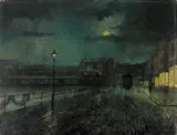 John Atkinson Grimshaw, Moonlit Carriage by the River, Oil on Canvas. Probably Scarborough, showing the Grand Hotel at South Bay, with harbour to left. Atkinson Grimshaw was born in the North of England on 6 September 1836 at 9 Back Park Street, Leeds. Young Atkinson wanted to draw and to paint but his parents considered this time-wasting, foolish an... Click here to read more Atkinson Grimshaw was born in the North of England on 6 September 1836 at 9 Back Park Street, Leeds. Young Atkinson wanted to draw and to paint but his parents considered this time-wasting, foolish and unproductive. So, in 1852 Grimshaw was compelled to join the Northern Railway as a clerk, but he managed to practice the art of painting in his spare time. By the mid-1850s, the most progressive art in England was the Pre-Raphaelite style, with its emphasis on truth to nature, and Grimshaw’s early works painted birds’ nests, moss-covered stones and picturesque landscapes. Then in 1858, Grimshaw married his cousin Fanny, which enabled him to leave the family home, abandon his railway job and embark on a career as an artist. Grimshaw rapidly developed his own style and technique during the 1860s. By 1870 he was able to convey a more atmospheric view of the world, where mood, poetry and even mystery took hold. He became the ‘painter of moonlight’, building up a band of wealthy northern collectors and finding the financial success he needed to support his growing family. He is also known to have depended on photographs, and he collected picture postcards of Lake District landscapes on which he based many works. Grimshaw achieved his own consistent views that stayed with him throughout his career, such as the moonlit suburban lane with a mysterious half-hidden house and the lone figure of a woman walking along the road. Increasingly, Grimshaw’s moonlit landscapes and cityscapes bathed his subjects in an evocative glow, with the drabness of urban scenes transformed by night-time light effects. The first dockside scenes were also produced at this time, with rainy streets, brightly lit shop windows and people passing by. Grimshaw painted these from different angles, repeating the subjects over almost twenty years to keep his wife and children supported. He collected antique furniture and blue and white China to adorn their home, Knostrop Hall, and apparently fell into debt after he took on a second rented home in the mid-1870s, the Castle by the Sea in Scarborough. In his later working life, Grimshaw’s moonlight illuminates the contemporary urban scene, which had changed so much in the previous half century. The docks of Glasgow and Liverpool, and the fishing ports of Whitby, Hull, and Scarborough, presented many possibilities for light effects on water. The realities of modern urban life appealed to him, but there was a general unease in society about social change. It was perhaps a sense of regret for the past that inspired Grimshaw to imbue his paintings with a sense of nostalgia. Indeed, following the artistic success of the 1870s, Grimshaw’s career at times floundered. He tried to make a mark on the London art scene, renting a studio in Chelsea and taking with him his model Agnes Leefe, who was part of the household, and perhaps his lover. Grimshaw’s family history was to become profoundly sad. In the first five years of marriage, he and his wife had four babies who were stillborn or died shortly after birth, and one daughter, Clara, who lived to be twelve. Altogether, they had 16 children, only six of whom – Arthur, Enid, Louis, Wilfred and twins Lancelot and Elaine – survived into adult life. Here, already, we can connect a feeling with the artist who created and dated the unique painting we are now looking at; signed here ‘Atkinson Grimshaw 1892’ and created so very close to the end of his life. This work does not have an attached title, but it is not impossible to find a sense of place. Grimshaw painted many different subjects, often repeating them with the need to make money from sales. For me, examining this work, I find myself in places that look familiar to me from his other works. For instance, Grimshaw painted much of Liverpool Docks from Wapping, and this is what comes to my mind. The artist, from an early stage, preferred to create a winter evening, with lights on the right to the well-lit shops, water to the left, and the travelling horse traps in-between. The evening light is here in our painting, but the gloom is made greater than the light. There is a slight emptiness of the colours, and the lines are thinly drawn; the moon is there but half-hidden. Lighting from the few shops, the tall windows, creates Grimshaw’s much loved beam of colour. The figure of a man walks into the glow, far behind him there is a woman on her own, gazing through the shop window. Light reflects the feet of the horse-riding traveller, whilst the tall light standing beside the water gleams with a whiteness to match the moon. There is a sense of the delicate thinness of dark colours on Grimshaw’s painting, a time that was very near to the end of his life. At the same time, Grimshaw produced other works that displayed those pale effects of night-time light, with titles such as October Gold, 1893, Sand, Sea, Sky: A Summer Fantasy, 1892, and Snow and Mist: Caprice in Yellow Mirror, c. 1892. The canvases he worked on in his last days were smaller scale, with a lessening of artistic output but with his skills still there. The works were simplified with a lighter tonality and new, pale colour harmonies, especially with his scenes of snow and mist. When painting, Grimshaw was perhaps always thinking of the importance of nature alone. The late Alexander Robertson, a well-known author of Atkinson Grimshaw, wrote clearly about Grimshaw’s achievements: “The appeal of Grimshaw’s paintings lies in their apparent luminosity attained by seamless means… his surfaces seem enveloped by a misty atmosphere. This in turn created the mood of many paintings where a sense of loneliness and isolation are apparent, a feeling commented upon by writers when considering life in the cities. But perhaps most appealing to the modern audience is Grimshaw’s depiction of a Victorian world of suburban lanes with half-hidden houses and city streets, docks and fishing ports flooded by moonlight, creating an atmosphere of poetic nostalgia which makes Grimshaw, at his best, unique.” Grimshaw’s daughter Elaine lived until 1971, into a modern age that came far beyond her beloved father. Elaine became a writer and wrote many recollections of her father and his art. The whole family were very close to Atkinson Grimshaw and struggled to accept the loss of him. Elaine wrote: “Even in the last months of his life, terminally ill with liver cancer, in his room he turned back to his moonlit wet lanes and streets, painting, painting, painting all day, pictures to sell now and after he was gone. This all happened when poor sick Pappa was painting his last pictures. But gradually he grew too weak to paint and laid brushes and Mahl-stick away, too tired to read, only just the strength left to crawl upstairs on his hands and knees, and Mamma helping him undress, and lie down on his bed. One night when Mamma was sitting quietly beside his bed, she heard him murmur “no sun - no moon - no stars!” Poor, poor, Pappa, saying good-bye to all the beauty he so loved!” Jane Sellars, 2026