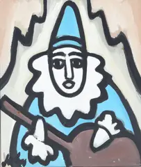 Markey Robinson, Blue Clown Playing Guitar, Gouache