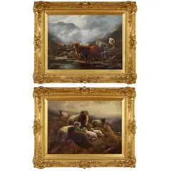 Robert Watson, Highland Cattle Watering; and Highland Sheep on a Hilltop, oil on canvas (2)
