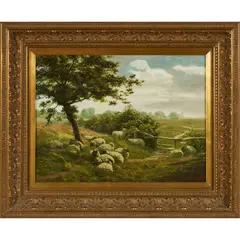 Henry Birtles, Flock of Sheep at Rest Under an Oak Tree, oil on board