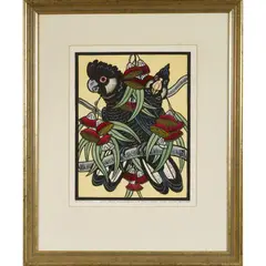 Leslie van der Sluys, White Tailed Black Cockatoo and Caesia Gum, 1986, linocut, ed. 16/90 (2nd state)