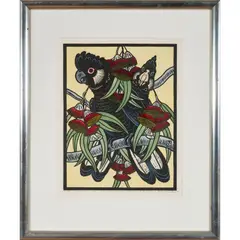 Leslie van der Sluys, White Tailed Black Cockatoo and Caesia Gum, 1986, linocut, ed. 18/25 (1st state)