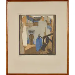 Blaues Haus (Blue House) by Norbertine Bresslern-Roth, 1928, linocut, sold Jul 2026