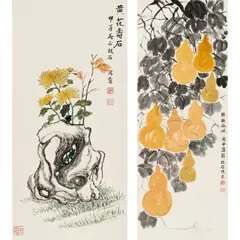 Yi Yueshi, Rock and Chrysanthemum & Double Gourds, ink and colour on paper