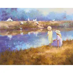 Di King, Untitled (Two Girls with Geese), oil on board