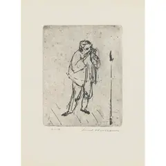 Harmonica Player with Microphone by Fred Williams, 1955-1956, etching, ed. 3/18, sold Apr 2026