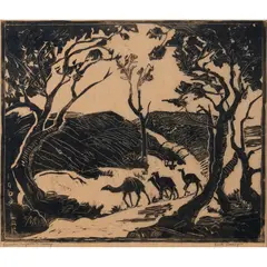 Camels, Pergamum, Turkey by Lisette Kohlhagen, 1966, linocut, sold Apr 2026