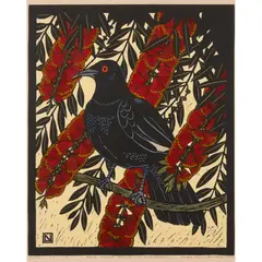 Leslie van der Sluys, White Winged Chough and Callistemon, 1982, hand-coloured linocut, ed. 73/90