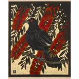 Leslie van der Sluys, White Winged Chough and Callistemon, 1982, hand-coloured linocut, ed. 73/90