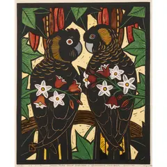 Leslie van der Sluys, Yellow Tailed Black Cockatoos and Queensland Lace Bark, 1982, hand-coloured linocut, ed. 25/90