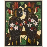 Leslie van der Sluys, Yellow Tailed Black Cockatoos and Queensland Lace Bark, 1982, hand-coloured linocut, ed. 25/90
