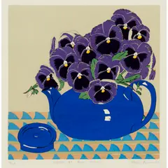 Aileen Brown, Tea Pot of Blue Pansies, 1987, linocut, ed. 19/50