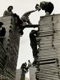 Paul Wolff, Climbing skills on the stacks of boards of a sawmill, Garmisch-Partenkirchen 1936, 1936, photograph