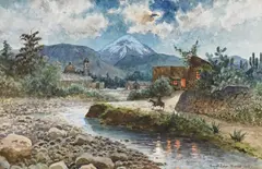 August Lohr, Nächtliche Szene an einem Fluss in Mexiko, Aquarell auf Papier