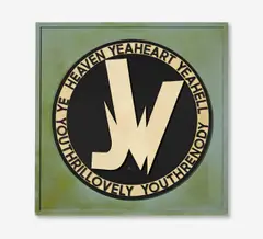 Ferdinand Kriwet, Ohne Titel (HEAVEN YEAHEART YEAHELL...), Kunststoffbuchstaben und Spanplattenelemente auf Spanplatte aufgezogen