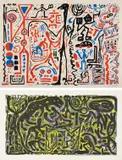 Untitled; and Quo Vadis Germania by A. R. Penck, 1982; and 1985, Two prints, including one screenprint in colors and one aquatint in colors, on Arches and Magnani Incisioni paper respec, sold Oct 2013