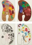 Jim Dine, Four Palettes, 1969, The complete set of four, including one screenprint in colors on Kromecote card, one etching on Fabriano paper, one lithograph in colors with collage of scissors on Fabriano paper and one wood multiple painted in colors,