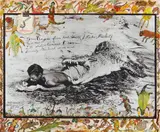 Peter Beard, I'll Write Whenever I Can, Koobi Fora, Lake Rudolf, 1965, Gelatin silver print with ink, paint, drawings by the artists Kivoi Mathenge and E. Mwangi Kuria and an affixed empty cigarette pack, printed 1998