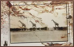 Peter Beard, Giraffes in Mirage on the Taru Desert, Kenya, June, 1960, Toned gelatin silver print with ink, paint, blood, collage and affixed cloth, printed later