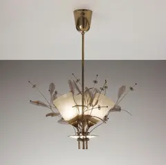 Three-armed ceiling light, model no. 9029 by Paavo Tynell, 1940s, Tubular brass, amber glass, sold Jun 2013