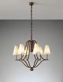 Jean Royere, Six-armed "Jacques" chandelier, circa 1948, Gold-painted iron, paper shades