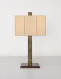 Marc Du Plantier, Table lamp, 1950s, Bronze-plated iron, mahogany, faux-parchment shade