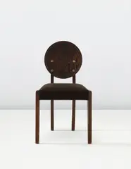 Side chair by André Sornay, 1920s, Ebonized Oregon pine-veneered plywood, stained oak, brass, brass cloutage decoration, cashmere, sold Jun 2013