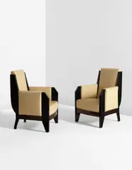 André Sornay, Pair of armchairs, 1930s, Ebonized wood, macassar ebony, leather, painted brass