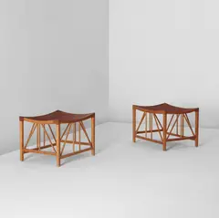 Pair of Thebes stools by Josef Frank, designed 1941, Cherry, leather, brass, sold Jun 2013