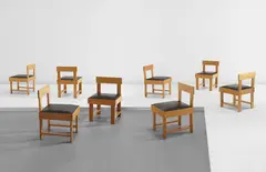 Studio B.B.P.R., Set of eight side chairs, from Casa Doria, Turin, circa 1935, Pear wood, vinyl, painted brass