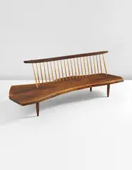 "Conoid Bench with Back" by George Nakashima, 1978, American black walnut, hickory, sold Jun 2013