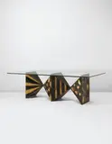 Dining table, model no. PE-21, from the "Sculptured Metal" series by Paul Evans, circa 1965, Welded and patinated steel, bronze, glass, offered Jun 2013
