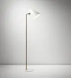Floor lamp, model no. 9627 by Paavo Tynell, 1950s, Painted perforated aluminum, leather-wrapped tubular metal, brass, sold Jun 2013