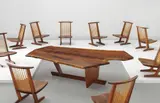 Custom "Sanso" table and set of ten low "Conoid" lounge chairs by George Nakashima, 1987, Table: single-board claro walnut, American black walnut, seven East Indian rosewood butterfly keys; chairs: single-board, offered Jun 2013