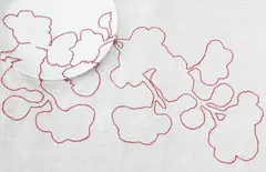 Hella Jongerius, "Red Flower" embroidered tablecloth, circa 1999, Linen, cotton embroidery, glazed earthenware