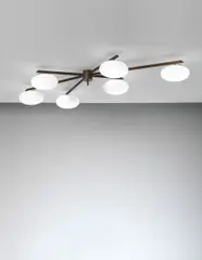 Six-armed ceiling light by Angelo Lelii, circa 1958, Brass, opaque glass, sold Jun 2013