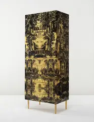 Piero Fornasetti, Important unique "Giardino Settecentesco" wardrobe from Piero Fornasetti's master bedroom, Villa Fornasetti, Varenna, circa 1954, Lithographic transfer-printed wood, painted wood, maple, brass