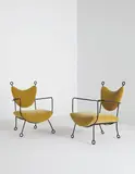 Jean Royere, Pair of “Yo-Yo” armchairs, circa 1957, Painted wrought iron, mohair
