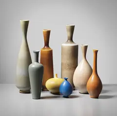 Group of eight vases by Berndt Friberg, 1960-1970s, Stoneware, various matte "haresfur" glazes, sold Dec 2013