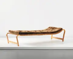 Bruno Mathsson, "Paris" daybed, 1936, Birch-veneered laminated wood, beech, leather, hemp webbing, fur