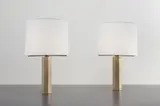Jules Wabbes, Pair of table lamps, circa 1970, Travertine, bronze, paper shades
