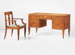 Desk and armchair by Tomaso Buzzi, circa 1936, Desk: burr walnut-veneered wood, walnut, brass; armchair: walnut, burr walnut, brass, offered Dec 2013