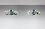 Gio Ponti, Pair of fourteen-armed chandeliers, circa 1967, Colored glass, clear glass, brass