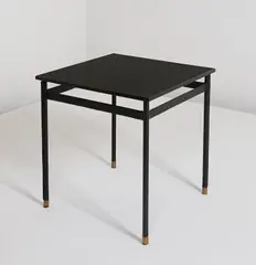 Jacques Adnet, Side table, circa 1950, Fruitwood, painted wood, leather-wrapped metal, brass