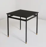 Jacques Adnet, Side table, circa 1950, Fruitwood, painted wood, leather-wrapped metal, brass